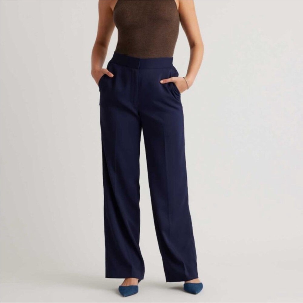 Quince Stretch Crepe Pleated Wide Leg Pants Navy Size 10